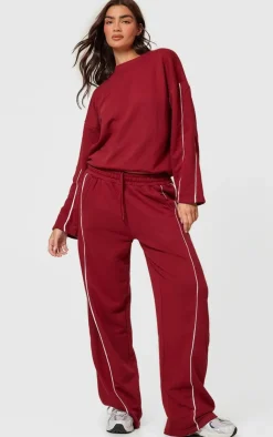 PrettyLittleThing Contrast Piping Detail Sweatshirt Dark Red
