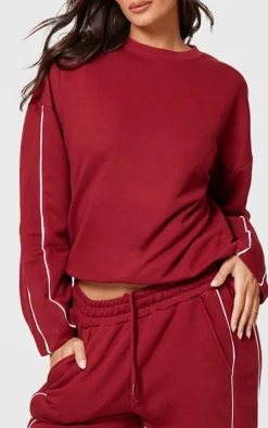 PrettyLittleThing Contrast Piping Detail Sweatshirt Dark Red