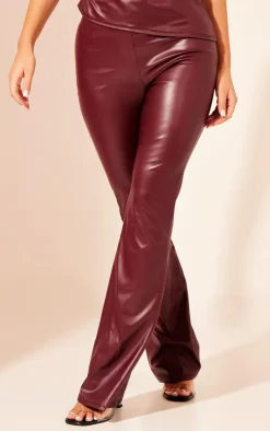 Discount PrettyLittleThing Faux Leather High Waisted Flared Pants Dark Red