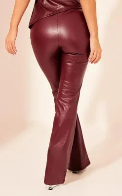 Discount PrettyLittleThing Faux Leather High Waisted Flared Pants Dark Red