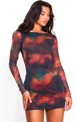 Printed Mesh Long Sleeve Bodycon Dress-PrettyLittleThing Online