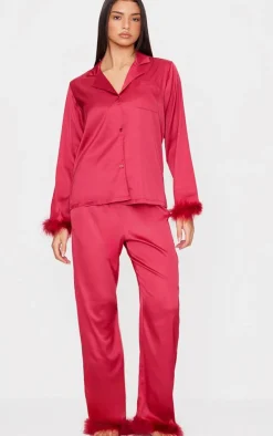PrettyLittleThing Christmas Pajamas*Satin Feather Trim Long Pj Set