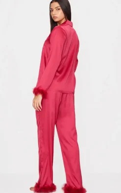 PrettyLittleThing Christmas Pajamas*Satin Feather Trim Long Pj Set