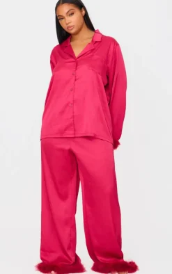 PrettyLittleThing Christmas Pajamas*Satin Feather Trim Long Pj Set