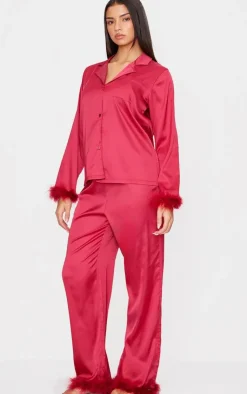 PrettyLittleThing Christmas Pajamas*Satin Feather Trim Long Pj Set