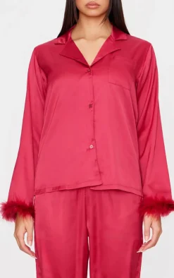 PrettyLittleThing Christmas Pajamas*Satin Feather Trim Long Pj Set