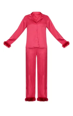 PrettyLittleThing Christmas Pajamas*Satin Feather Trim Long Pj Set