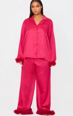 PrettyLittleThing Christmas Pajamas*Satin Feather Trim Long Pj Set