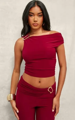 Hot PrettyLittleThing Slinky Ruched Off The Shoulder Metal Trim Top Dark Red
