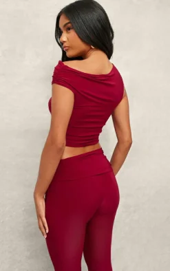 Hot PrettyLittleThing Slinky Ruched Off The Shoulder Metal Trim Top Dark Red