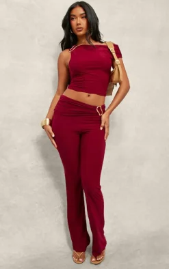 Hot PrettyLittleThing Slinky Ruched Off The Shoulder Metal Trim Top Dark Red
