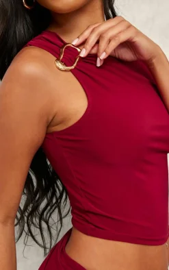 Hot PrettyLittleThing Slinky Ruched Off The Shoulder Metal Trim Top Dark Red