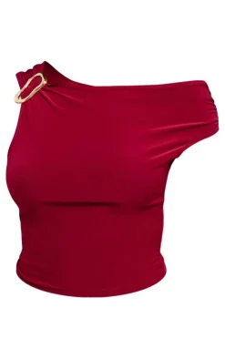 Hot PrettyLittleThing Slinky Ruched Off The Shoulder Metal Trim Top Dark Red