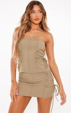 Hot PrettyLittleThing Dark Woven Lace Up Side Strap Detail Bandeau Corset Stone