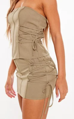 Hot PrettyLittleThing Dark Woven Lace Up Side Strap Detail Bandeau Corset Stone