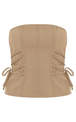 Hot PrettyLittleThing Dark Woven Lace Up Side Strap Detail Bandeau Corset Stone