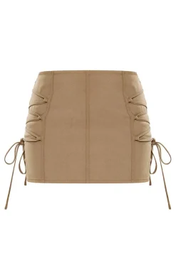 Discount PrettyLittleThing Dark Woven Lace Up Side Strap Detail Low Rise Micro Mini Skirt Stone