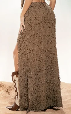 Clearance PrettyLittleThing Dark Distressed Side Split Maxi Skirt Taupe