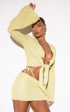 Dark Yellow Textured Crochet Bell Sleeve Tie Front Shirt