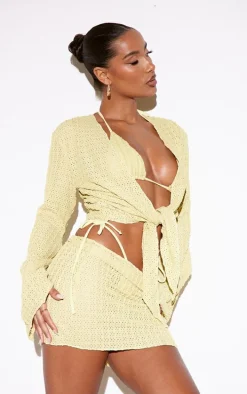 Dark Yellow Textured Crochet Bell Sleeve Tie Front Shirt
