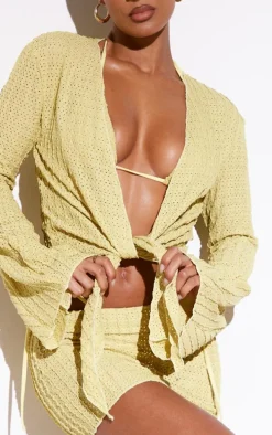 Dark Yellow Textured Crochet Bell Sleeve Tie Front Shirt