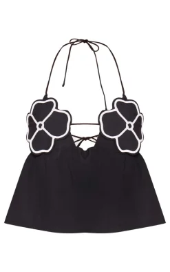 Deep Black Contrast Flower Bust Strappy Peplum Crop Top