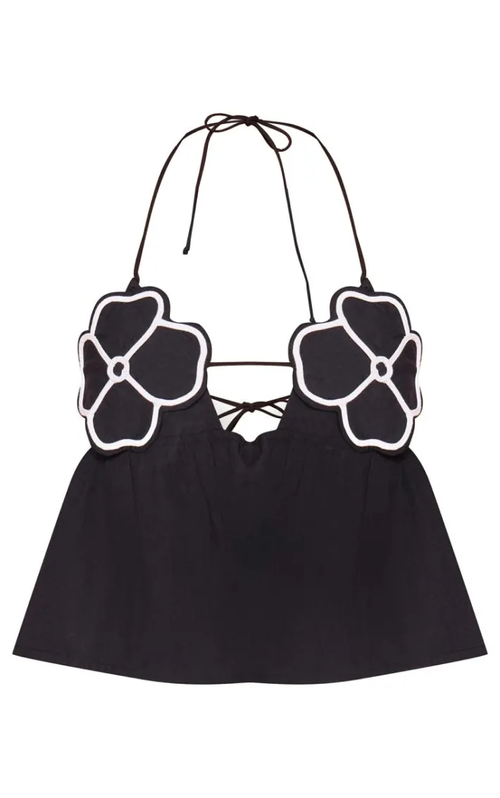Deep Black Contrast Flower Bust Strappy Peplum Crop Top