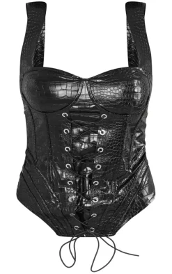 Faux Croc Leather Lace Up Longline Corset-PrettyLittleThing Hot