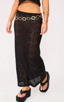 Hot PrettyLittleThing Textured Rib Low Rise Midaxi Skirt Deep Black