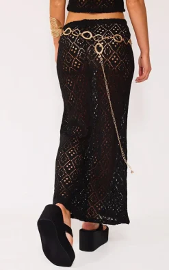 Hot PrettyLittleThing Textured Rib Low Rise Midaxi Skirt Deep Black