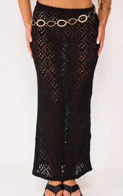 Hot PrettyLittleThing Textured Rib Low Rise Midaxi Skirt Deep Black