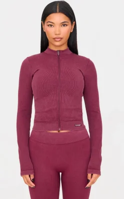 PrettyLittleThing Athletic Jackets*Acid Wash Seamless Ribbed Zip Up Cropped Sports Jacket