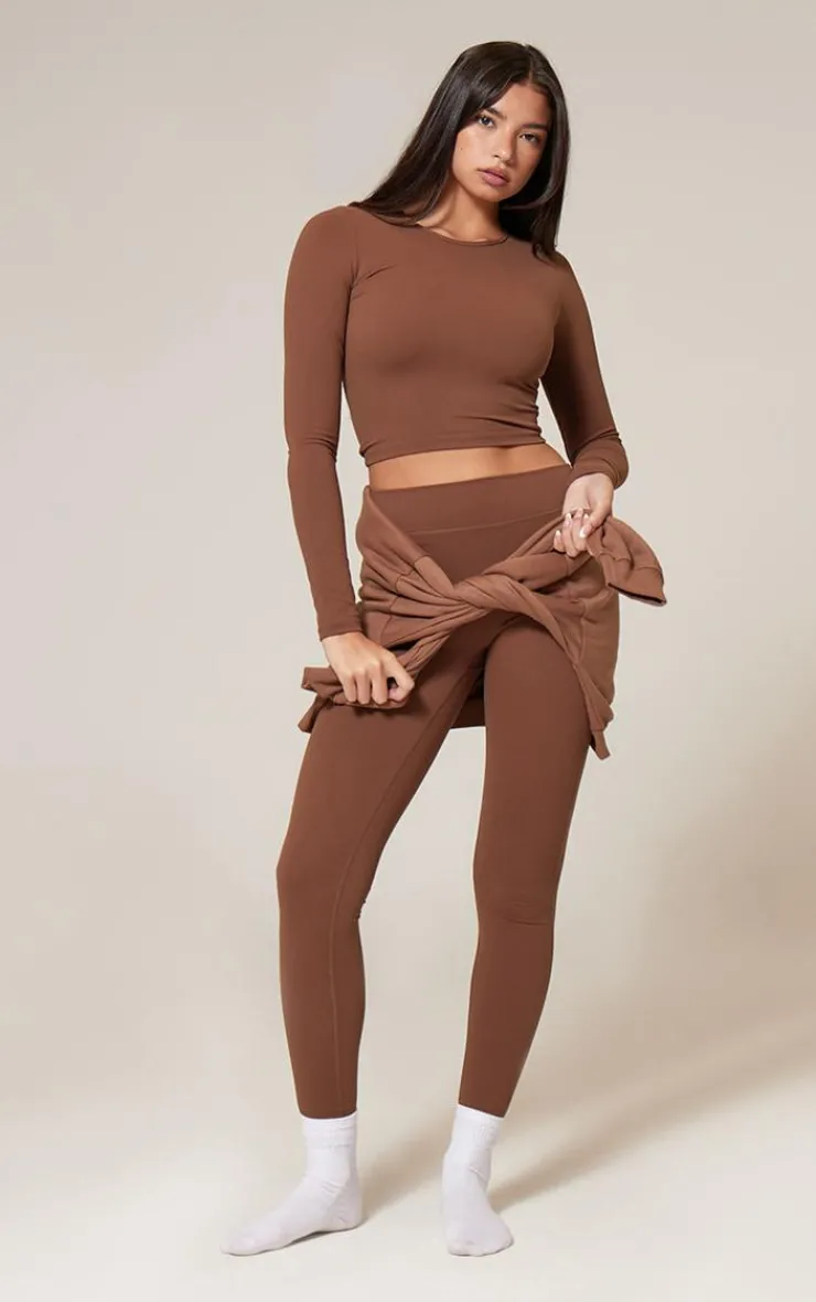 Outlet PrettyLittleThing Snatched Sculpt Long Sleeve Crop Top Deep Mocha