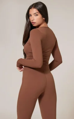 Outlet PrettyLittleThing Snatched Sculpt Long Sleeve Crop Top Deep Mocha