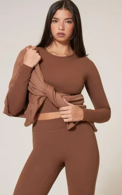 Outlet PrettyLittleThing Snatched Sculpt Long Sleeve Crop Top Deep Mocha