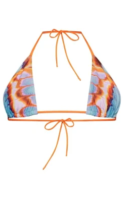 Deep Orange Butterfly Print Triangle Bikini Top