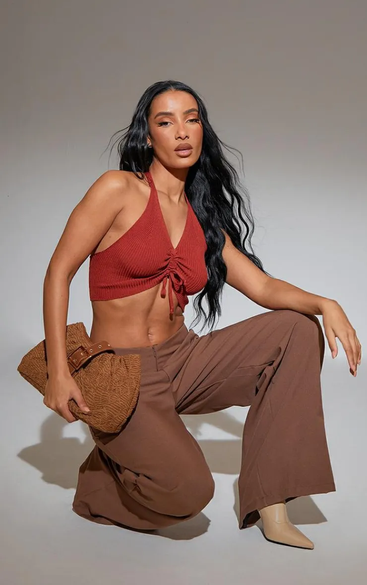 PrettyLittleThing Knitted Tops*Ruched Channel Halterneck Soft Knit Top