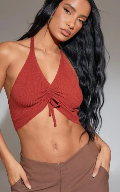 PrettyLittleThing Knitted Tops*Ruched Channel Halterneck Soft Knit Top