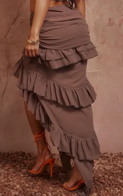 Outlet PrettyLittleThing Ruffle Detail Maxi Skirt Deep Taupe
