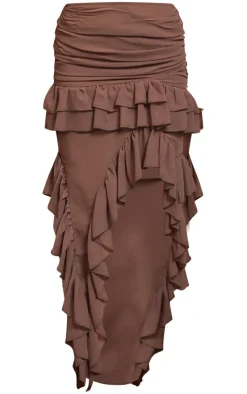 Outlet PrettyLittleThing Ruffle Detail Maxi Skirt Deep Taupe