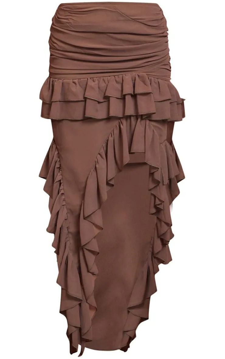 Outlet PrettyLittleThing Ruffle Detail Maxi Skirt Deep Taupe
