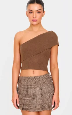 PrettyLittleThing Knitted Tops*Soft Rib Knit One Shoulder Fold Over Crop Top