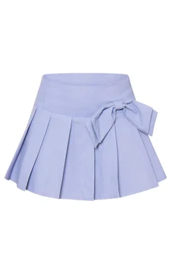 PrettyLittleThing Blue Woven Bow Mid Rise Skater Skirt Denim