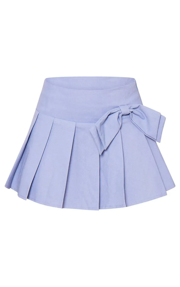 PrettyLittleThing Blue Woven Bow Mid Rise Skater Skirt Denim