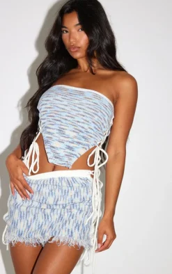 Sale PrettyLittleThing Space Dye Knit Lace Up Side Bandeau Top Denim