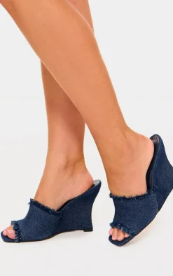 PrettyLittleThing Heeled Sandals*Denim Square Toe Wedge Heeled Sandals