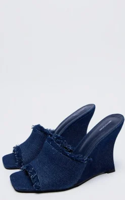 PrettyLittleThing Heeled Sandals*Denim Square Toe Wedge Heeled Sandals