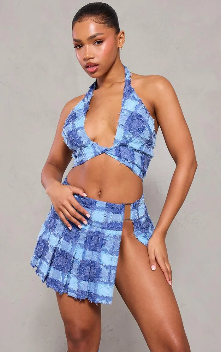 Best PrettyLittleThing Textured Woven Halterneck Bralet Denim