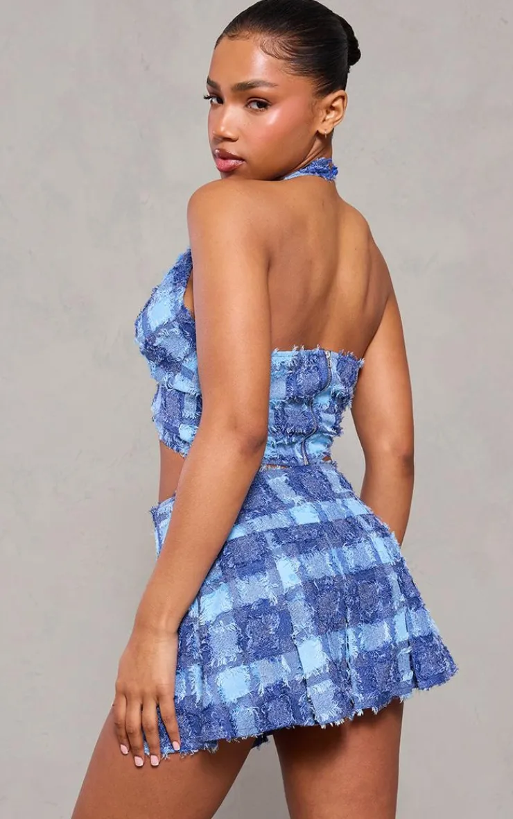 Best PrettyLittleThing Textured Woven Halterneck Bralet Denim