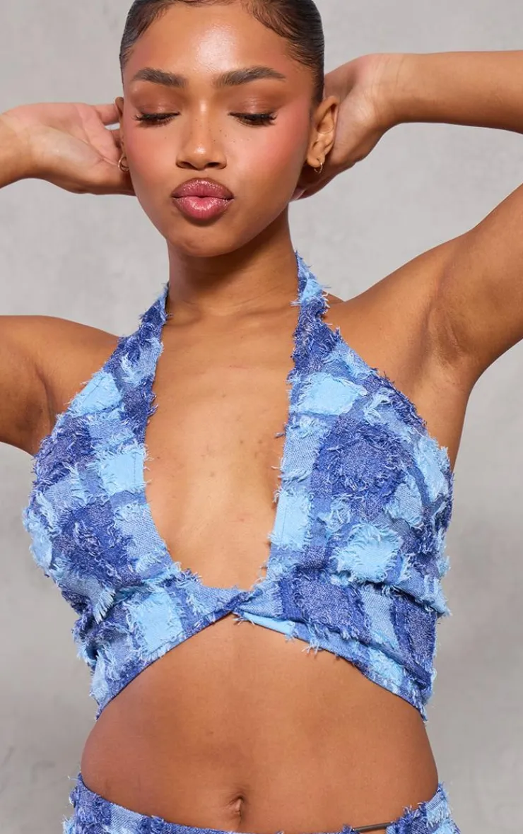 Best PrettyLittleThing Textured Woven Halterneck Bralet Denim